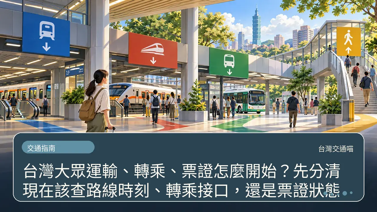 台灣大眾運輸、轉乘、票證怎麼開始？先分清現在該查路線時刻、轉乘接口，還是票證狀態主題插畫