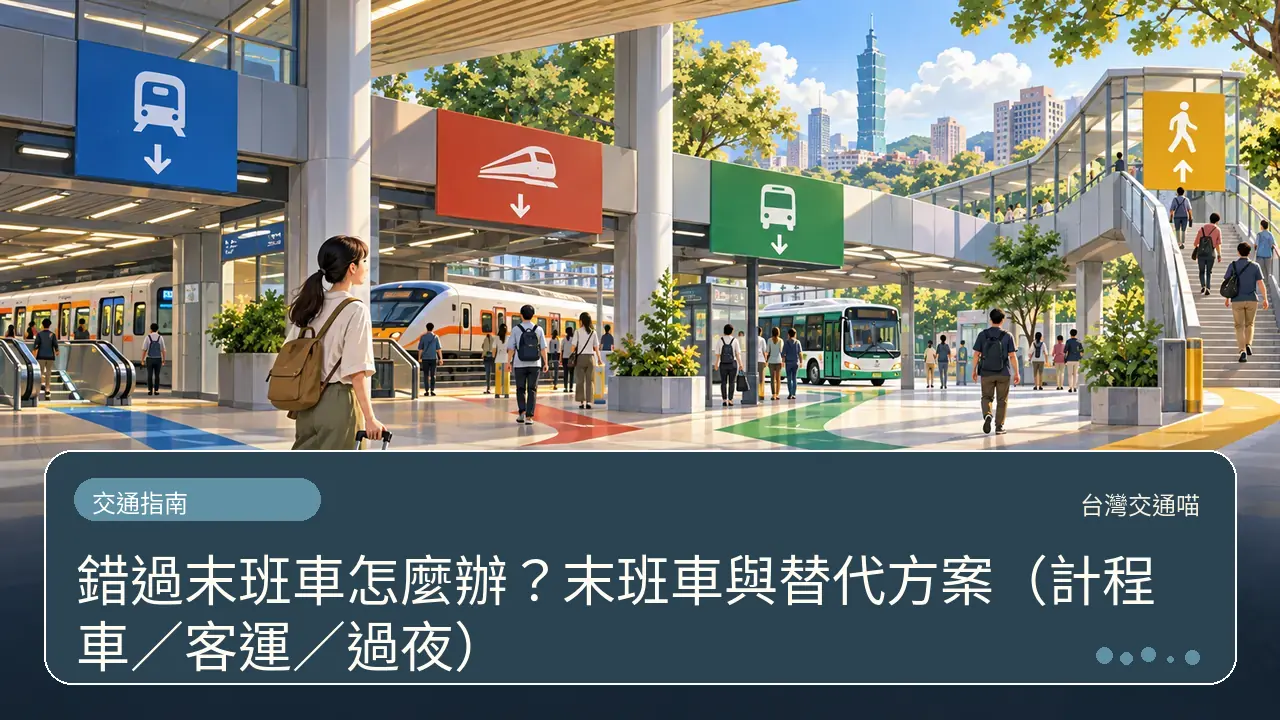 錯過末班車怎麼辦？末班車與替代方案（計程車／客運／過夜）主題插畫