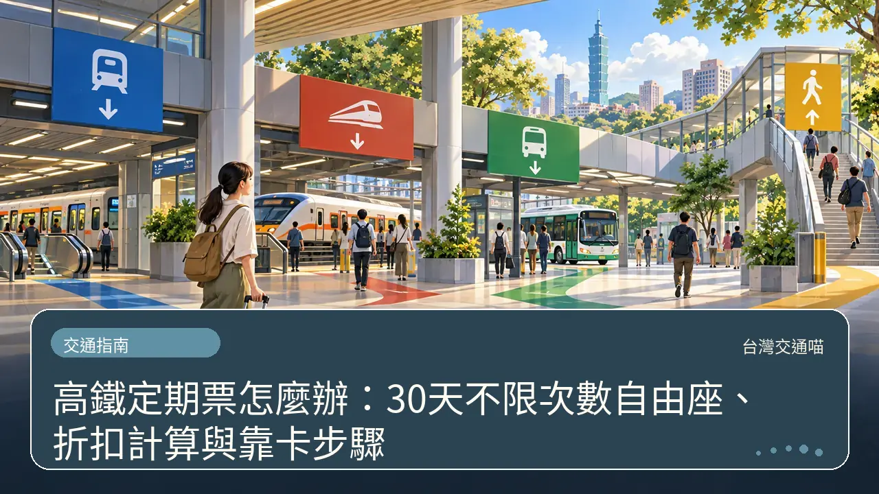 高鐵定期票怎麼辦：30天不限次數自由座、折扣計算與靠卡步驟主題插畫