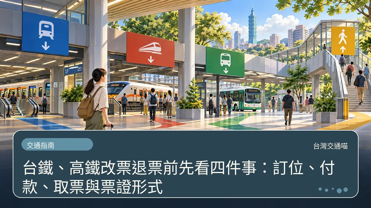 台鐵、高鐵改票退票前先看四件事:訂位、付款、取票與票證形式主題插畫